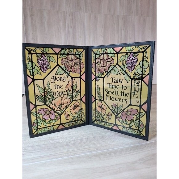 Glass Floral Bi-Fold Frame Inspirational Quote Stained Glass Style 8.5" Decor - Picture 1 of 5